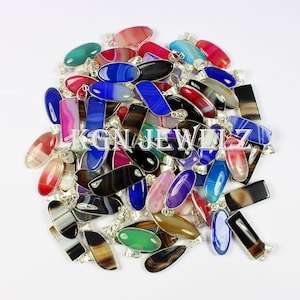 Natural Banded Agate Gemstone Necklace Pendant Lot, Multi Color Wholesales Pendant , Bezel Pendant Lot,  Silver Plated Vintage Pendant Lot