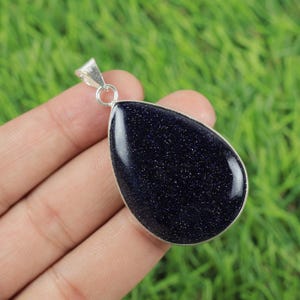 Blue Sunstone Pendant: Oval Sterling Silver Plated Gemstone, Handmade