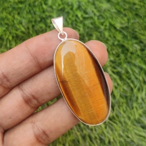 Natural Tiger Eye Gemstone Pendant: Silver Plated Brass, Handmade Jewelry