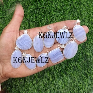 Blue Lace Agate Gemstone Pendant: 925 Silver Plated Boho Necklace