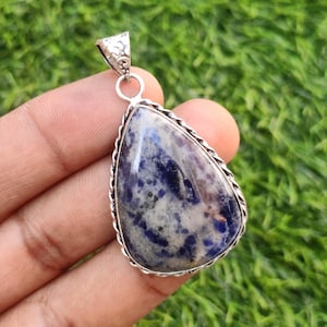 Rare Natural Sodalite Cabochon Pendant 925 Sterling Silver Plated Pendant, Handmade Jewelry Healing Necklace Vintage Pendant Wedding Gift