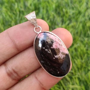 Natural Black Rhodonite Gemstone Pendant, Girls Pendant, Silver Plated Jewelry, Pear Shape Pendant Rhodonite Jewelry, Women Pendant  Gift