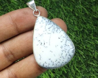 Dendrite Agate Gemstone Pendant, Silver Plated, 2"