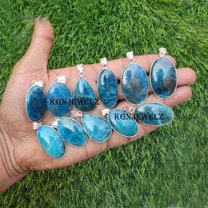 Natural Blue Apatite Gemstone Pendant, Silver Plated Pendant Lot, Wholesale Pendant Lot, Mixed Shape Bezel Pendant Lot, Wholesale Jewelry