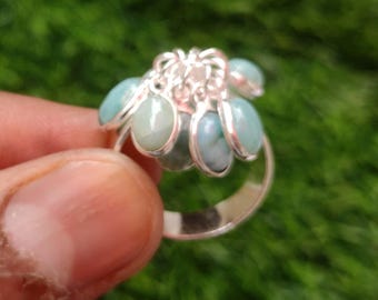 Larimar Gemstone Ring: 925 Silver Plated Brass, Boho Style