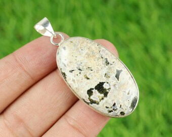 Oval Ocean Jasper Pendant: 925 Sterling Silver Plated, 2"