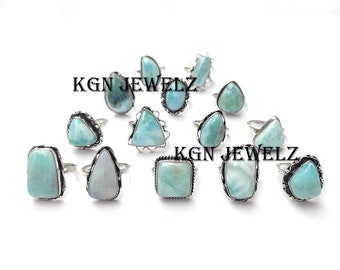 Natural Larimar Gemstone Ring: Silver Plated Statement Ring