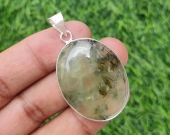 Natural Prehnite Gemstone Pendant: 925 Silver Plated Brass, 1.5"