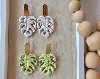 Monstera Leaf Earrings, Monstera Clay Earrings, Monstera Earrings, Leaf Clay Earrings, Leaf Earrings, Botanical Earrings, Summer Earrings