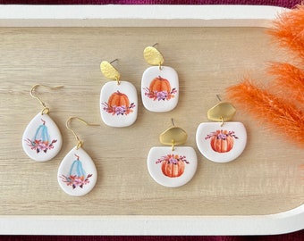 Floral Pumpkin Earrings, Flower Pumpkin Earrings, Pumpkin Clay Earrings, Pumpkin Earrings, Flower Fall Earrings, Fall Clay Earrings