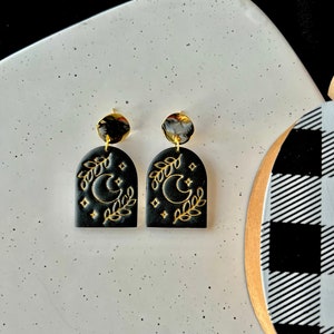 Moon Clay Earrings, Celestial Earrings, Celestial Clay Earrings, Moon Earrings, Floral Moon Earrings, Gold Clay Earrings, Halloween Earrings