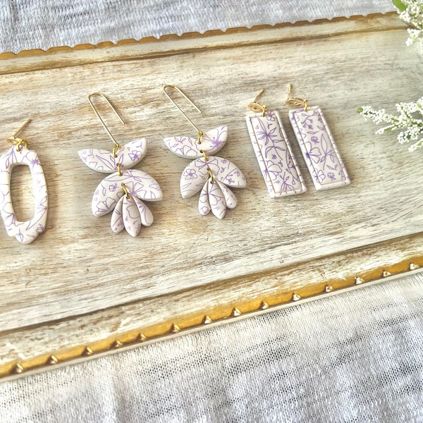 Purple Floral Earrings, Purple Clay Earrings, Floral Clay Earrings, Flower Clay Earrings, Everyday Earrings, Floral Earrings