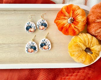 Pumpkin Clay Earrings, Pumpkin Earrings, Navy Pumpkin Earrings, Fall Clay Earrings, Fall Earrings, Pumpkin Patch Earrings, Autumn Earrings