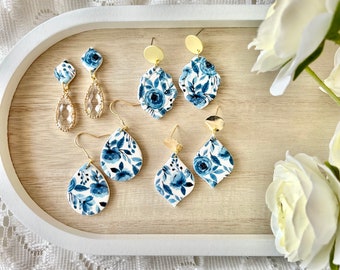 Blue Floral Clay Earrings, Flower Clay Earrings, Floral Earrings, Flower Earrings, Leaf Clay Earrings, Garden Earrings, Teardrop Earrings
