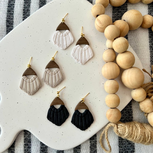 Macrame Earrings, Macrame Clay Earrings, Boho Clay Earrings, Neutral Boho Earrings, Neutral Clay Earrings, Macrame Jewelry, Summer Earrings