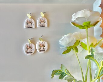 Floral Bunny Earrings, Bunny Clay Earrings, Rabbit Clay Earrings, Rabbit Earrings, Bunny Earrings, Easter Clay Earrings, Easter Earrings