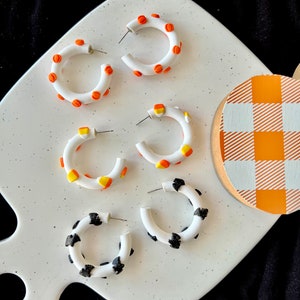Halloween Hoops, Pumpkin Hoop Earrings, Bat Clay Hoops, Bat Earrings, Candy Corn Earrings, Candy Corn Hoops, Fall Clay Earrings, Fall Hoops