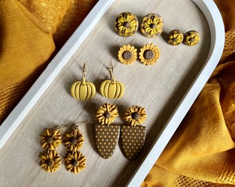 Sunflower Clay Earrings, Sunflower Earrings, Sunflower Studs, Pumpkin Hoop Earrings, Pumpkin Clay Earrings, Fall Clay Earrings, Fall Earring