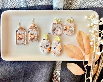 Ghost Clay Earrings, Jack-o-lantern Earrings, Halloween Earrings, Fall Clay Earrings, Fall Earrings, Fall Floral Earrings
