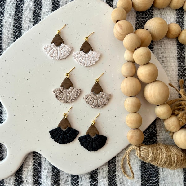 Macrame Earrings, Macrame Clay Earrings, Boho Clay Earrings, Neutral Boho Earrings, Neutral Clay Earrings, Macrame Jewelry, Summer Earrings