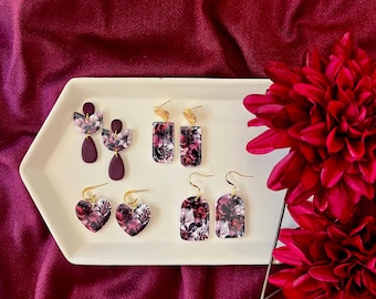 Dark Floral Earrings, Dark Flower Earrings, Fall Floral Earrings, Fall Flower Earrings, Fall Clay Earrings, Floral Clay Earrings