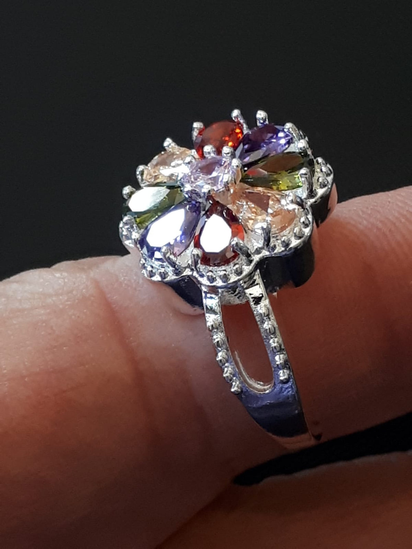 Gemstone flower ring sterling silver | Etsy