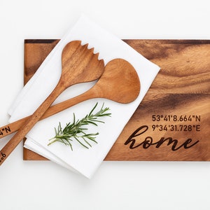 Personalisiertes Schneidebrett, Home Koordinaten, Hochzeit, Einweihungsgeschenk, Umzug, Hausbau, Einzug, Weihnachtsgeschenk, Weihnachten, plus Salatbesteck