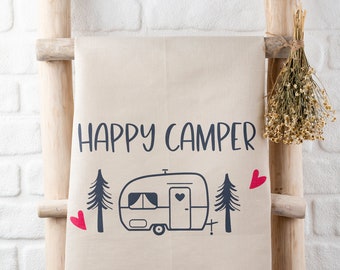 Geschirrtuch Happy Camper, Wohnwagen, Wohnmobil, Siebdruck, Muttertag, Garten, Camping, Ostern