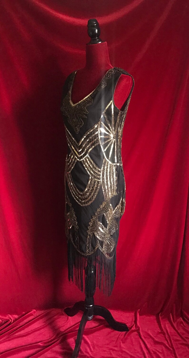 Black gold sleeveless flapper vintage beaded fringe bottom midi dress size medium large