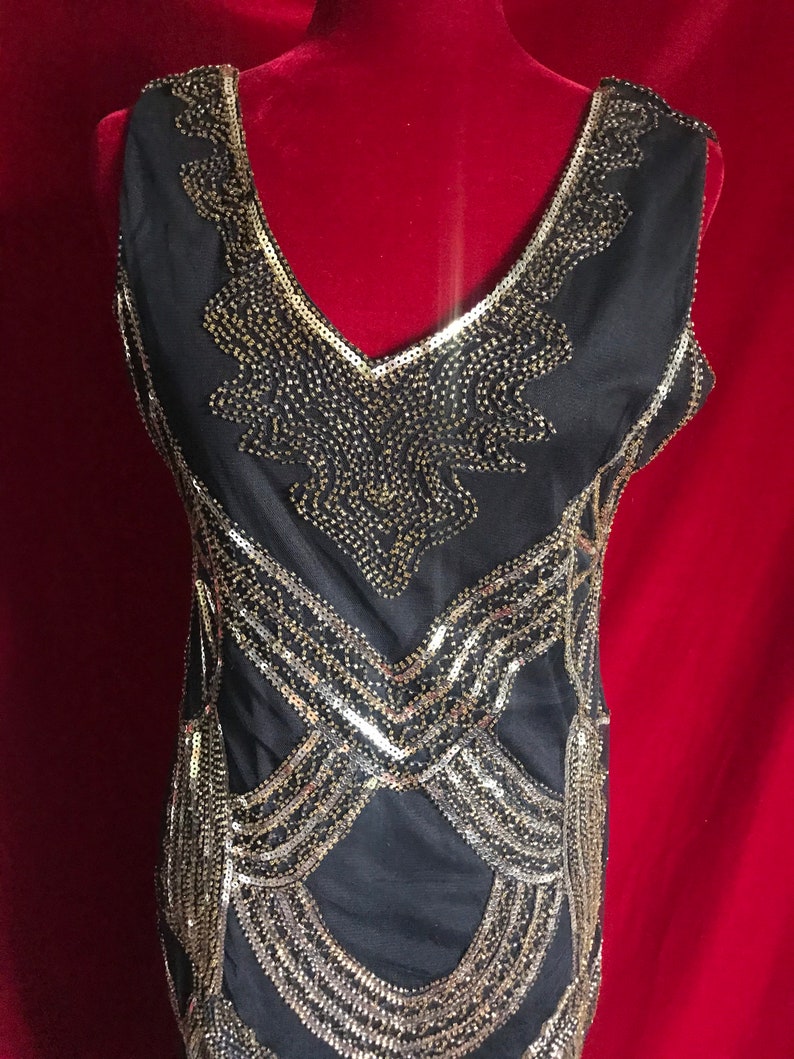 Black gold sleeveless flapper vintage beaded fringe bottom midi dress size medium large