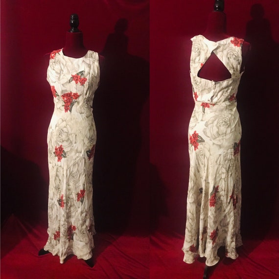 cream dress with red flowers