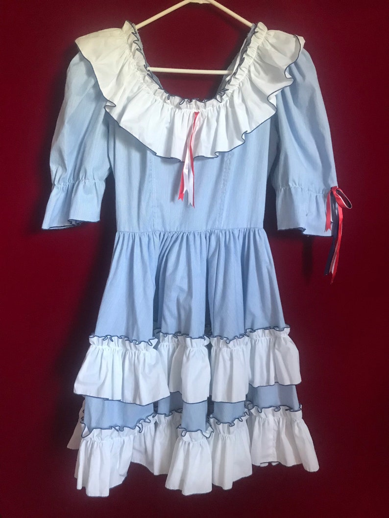 Sailor vintage blue with red bows ruffle prairie mini dress quarter sleeves lettuce trim puffy fit flare size 6