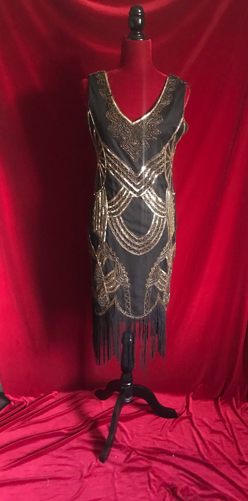 Black gold sleeveless flapper vintage beaded fringe bottom midi dress size medium large