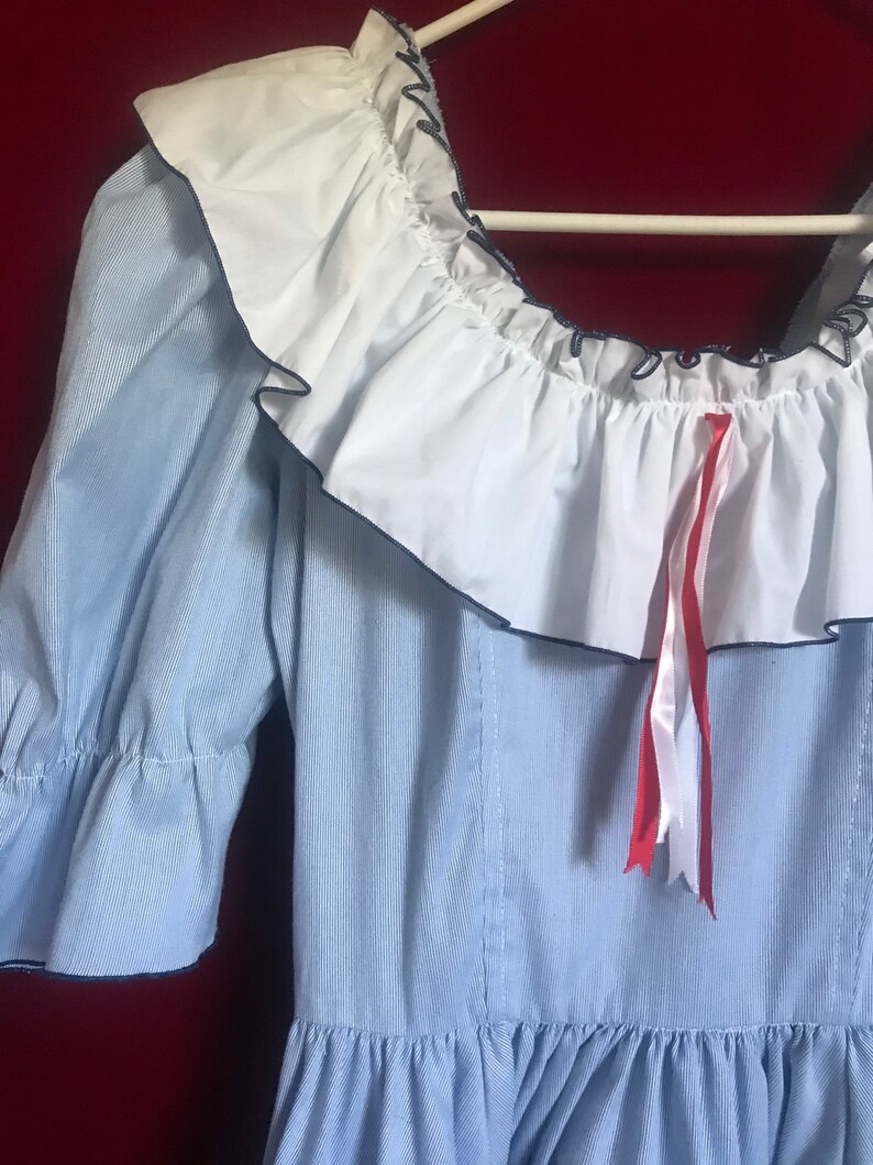 Sailor vintage blue with red bows ruffle prairie mini dress quarter sleeves lettuce trim puffy fit flare size 6