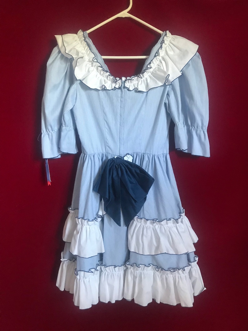 Sailor vintage blue with red bows ruffle prairie mini dress quarter sleeves lettuce trim puffy fit flare size 6