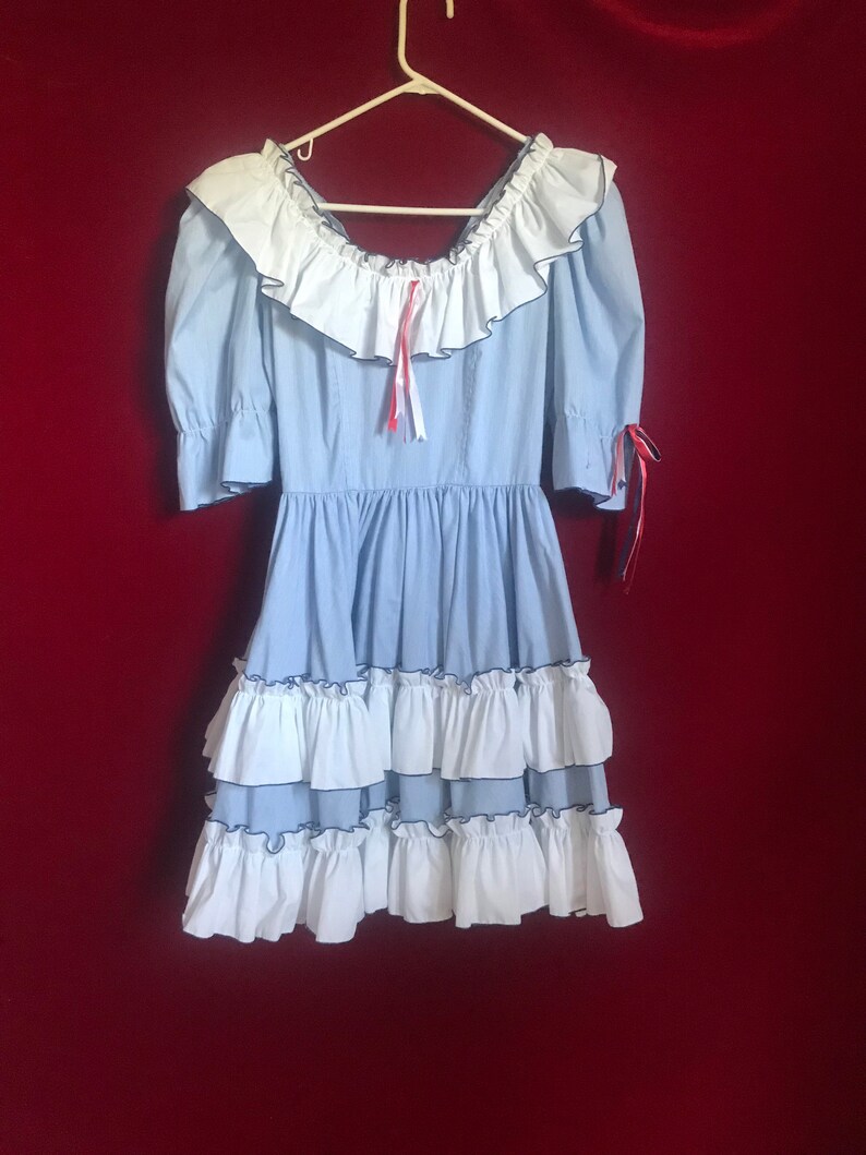 Sailor vintage blue with red bows ruffle prairie mini dress quarter sleeves lettuce trim puffy fit flare size 6