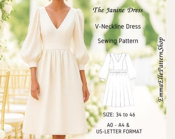 Bell sleeve v-neck dress pattern, flared skirt dress pattern, v-neck elopment dress PDF pattern Size from 34 to 46 (XXS to XXL)