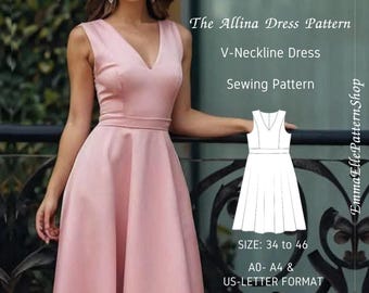 Molde de vestido sem mangas com decote em V, molde de vestido com saia evasê evasê, molde de vestido de noiva com decote em V em PDF Tamanho de 34 a 46 (XXS a XXL)
