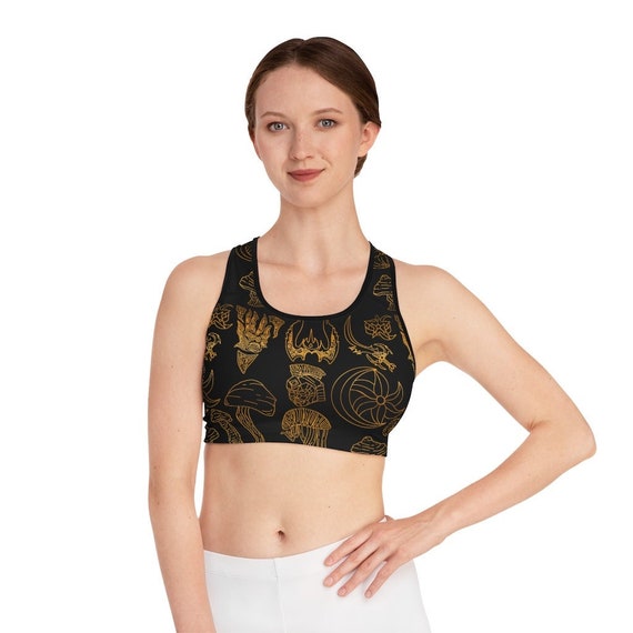 All Over Print Compression Sports Bra Moon and Star Gold on Black