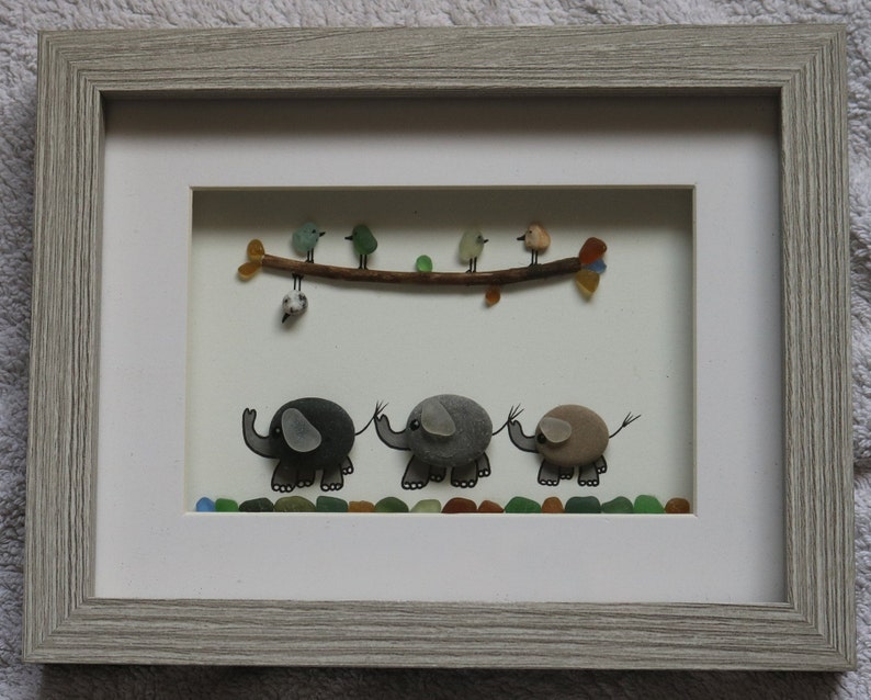 Pebble Art. Elephant family sea glass and pebble picture Etsy