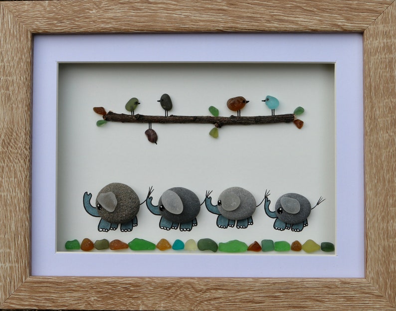 Pebble Art. Elephant family sea glass and pebble picture Etsy