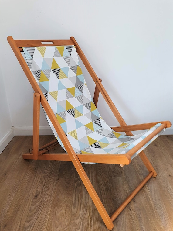 Upcycled Deckchair | Garden Furniture | Geometric Print | Blue and Mustard