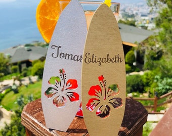 Marque-places de planche de surf, la plage, marque-places personnalisés, fête, célébration, été, sable, cadeau, coucher de soleil, été, décoration de mariage à Hawaï, océan