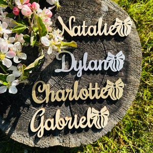Segnaposto con fiocco per capelli, Segnaposto per matrimonio, Nomi personalizzati tagliati al laser, Nomi in legno tagliati al laser, Festa, Decorazione, Regalo, Papillon, Festa con fiocco
