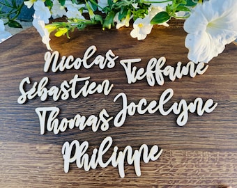 Puede incluir: Tarjetas de lugar de madera con los nombres Nicolas, Sebastien, Thomas, Jocelyne y Philippe escritos en cursiva.