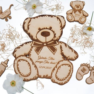 Grote houten beer met gegraveerde naam, aangepast babybord, babyshower, kinderborden, babydetails, herinneringen, datum, gewicht, plaats