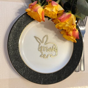 Tarjetas de lugar con forma de conejito, tarjetas de lugar personalizadas, tarjeta de lugar con nombre personalizado, regalo, mascota, fiesta, celebración, grabado, conejo, conejito, decoración, Pascua