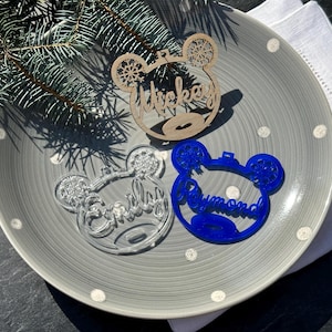 Bolas de ratón / burbujas, adornos para árboles de Navidad, bolas para árboles, Navidad, copos de nieve, tarjetas de lugar, decoración, nombre, Mickey Mouse