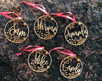 Christmas baubles / bubbles, christmas tree ornaments, tree baubles, christmas, snowflakes, xmas, place cards, decor, name