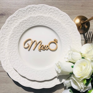 Marque-places avec anneau, marque-places de mariage, noms personnalisés découpés au laser, bois, fête, décoration, cadeau, enseignes, alliance